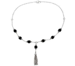 Suarti Artisan Crafted Sterling Silver Black Agate Station Tassle Necklace,  24"