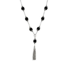 Suarti Artisan Crafted Sterling Silver Black Agate Station Tassle Necklace,  24"