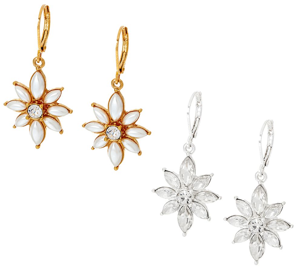 Joan Rivers Set/2 Crystal & Simulated Pearl Lever Back Earrings goldtone and silvertone