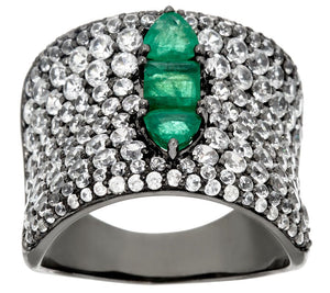 Graziela Gems Sterling Silver Precious Emerald & Zircon Pave' Ring, Size 5