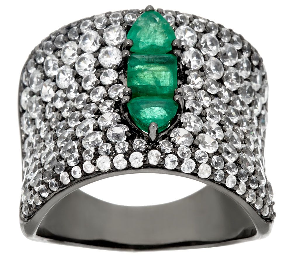 Graziela Gems Sterling Silver Precious Emerald & Zircon Pave' Ring, Size 5