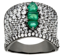 Graziela Gems Sterling Silver Precious Emerald & Zircon Pave' Ring, Size 5