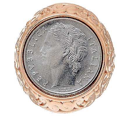 Bronzo Italia 100 Lire Coin Scroll Design Ring, Rose, Size 6