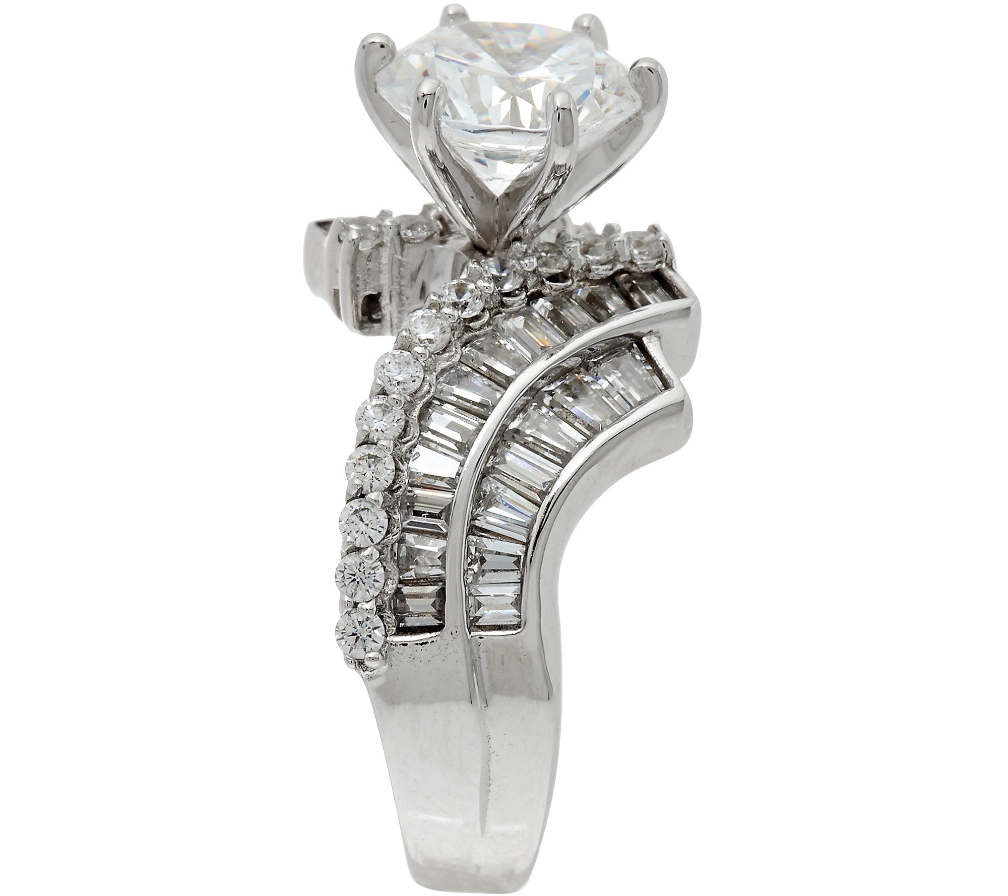 Diamonique Round and Baguette Bridal Ring Platinum Clad Sterling Silver Size 6