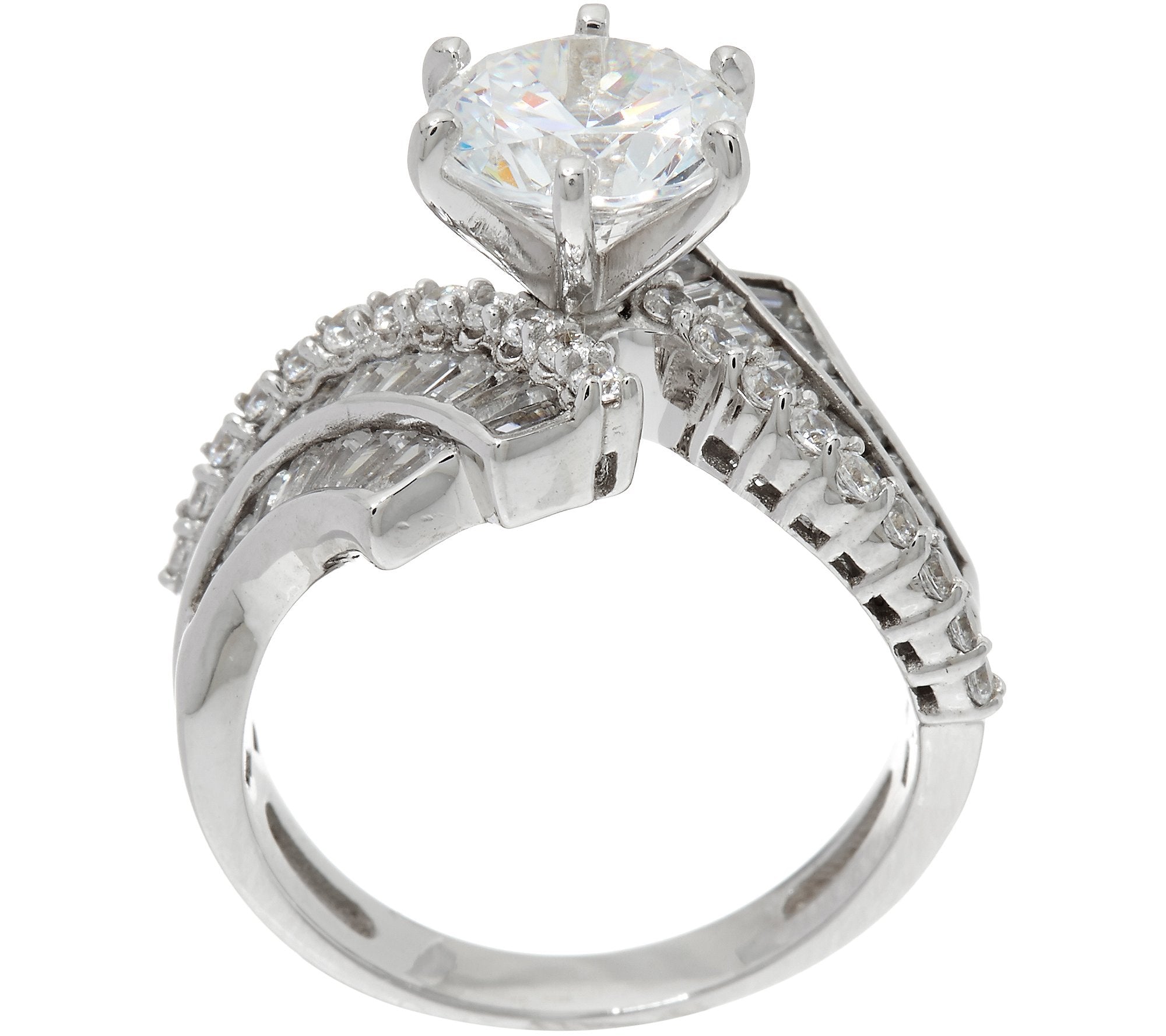 Diamonique Round and Baguette Bridal Ring Platinum Clad Sterling Silver Size 6