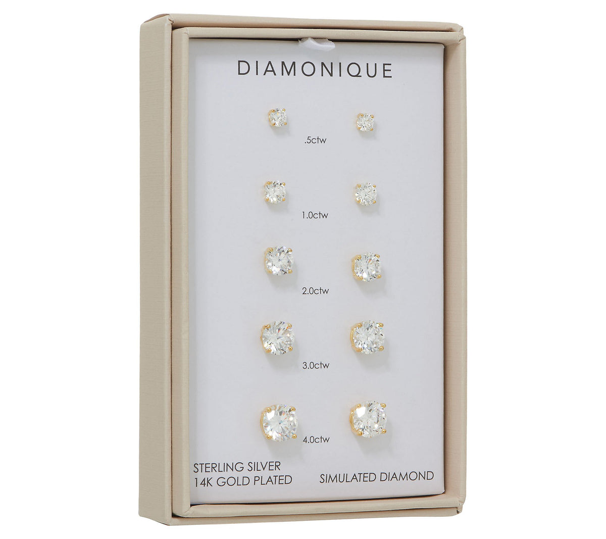 Diamonique Gold-Plated Sterling Silver Set of 5 Round Stud Earrings, 10.50 carats