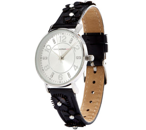 Isaac Mizrahi Live! Floral Appliqué Black Watch – Silvertone Case & Leather Strap