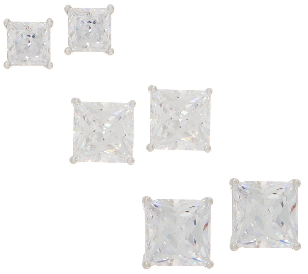 Diamonique Sterling Silver Set of 3 Princess Stud Earrings,