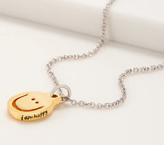Peace Love World Smile Motif Necklace – Goldtone Pendant with 18" Silvertone Chain