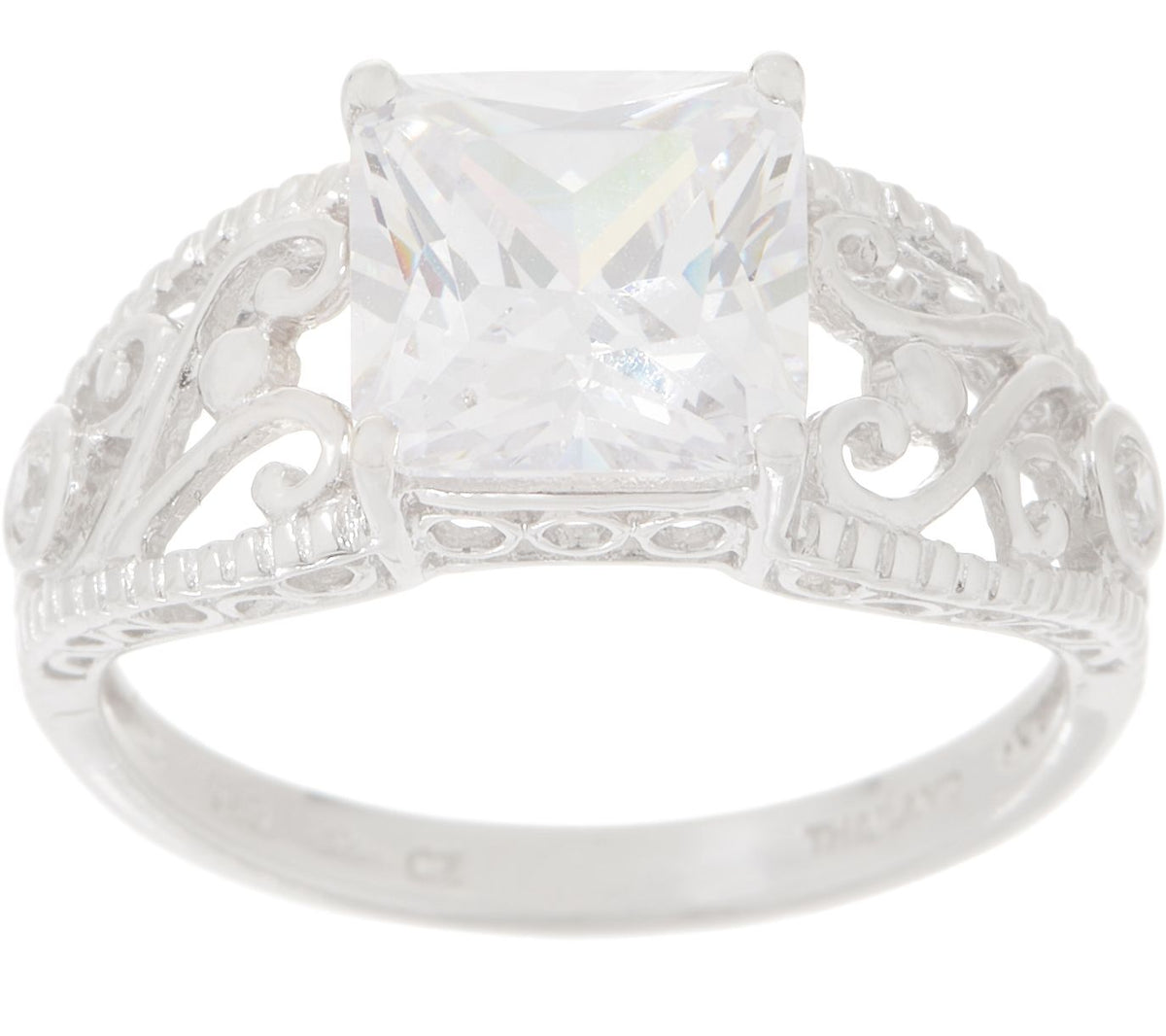 Diamonique Sterling Silver Vintage Design Princess-cut Ring, Size 8