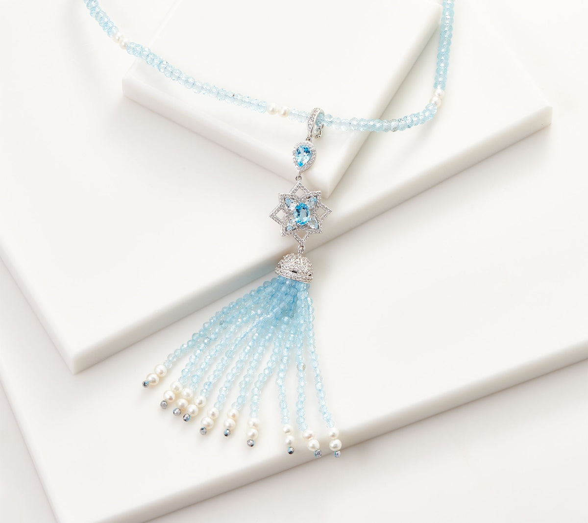QVC Sterling Silver Blue Apatite Gemstone & Pearl Tassel Beaded Necklace 30"