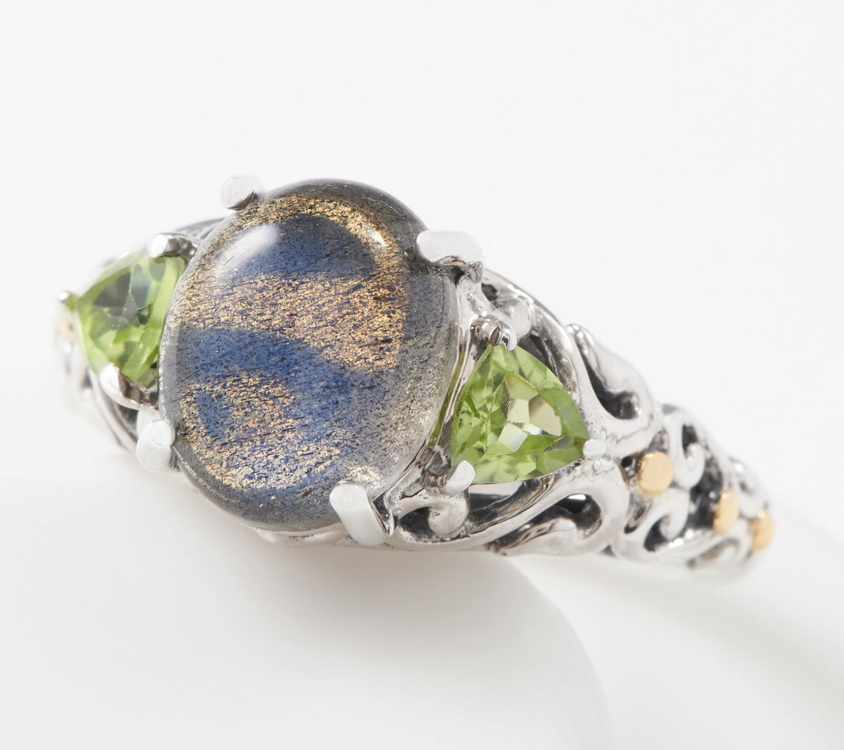 Artisan Crafted Sterling Silver Labradorite & Peridot Three Stone Ring, Size 5