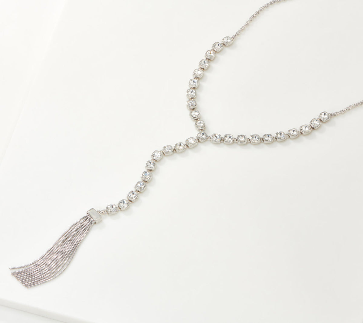 Susan Graver Silvertone Reversible Cushion Cut Y Necklace with Tassel 28"