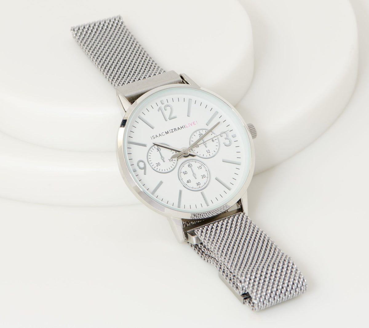 Isaac Mizrahi Live! Magnetic Mesh Strap Metal Watch – Silver Tone