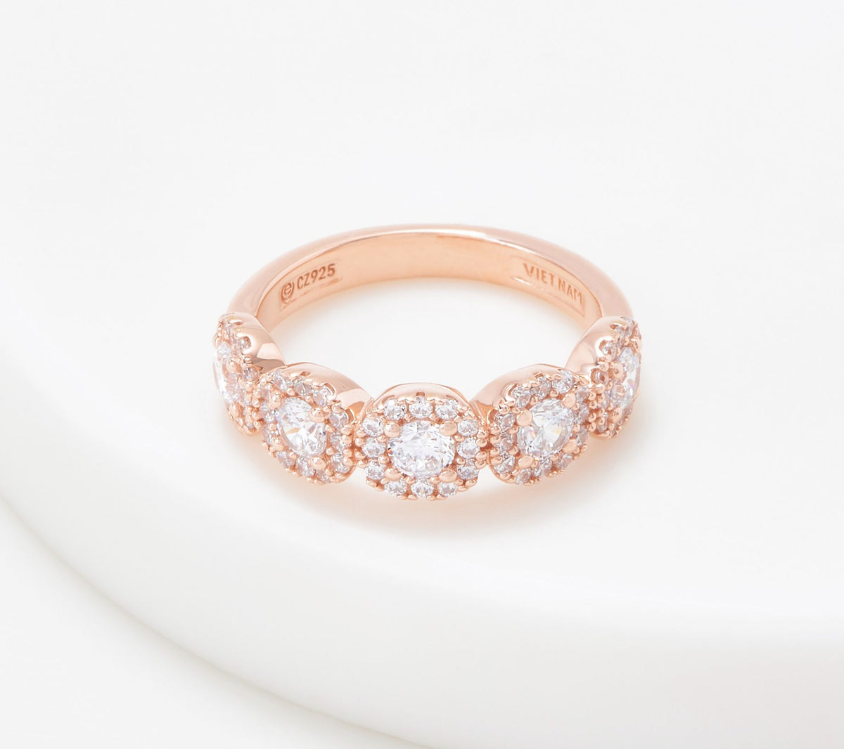 Diamonique Rose Clad Sterling Silver 5 Round Cut Stone w/ Halo Ring, Size 10