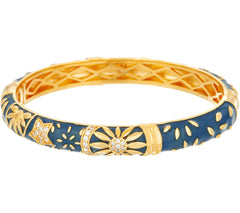 Heritage Jewelry Sun and Flower Hinged Blue Enamel Bangle 6-3/4"
