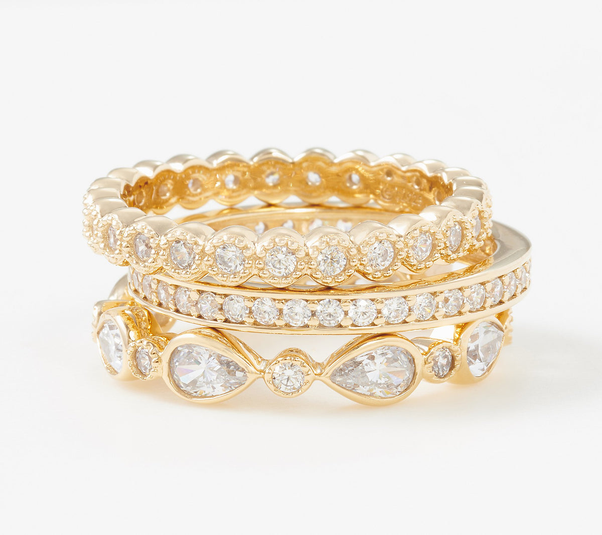 Diamonique Set of 3 Stackable Rings 14K gold-clad Sterling Silver Size 11