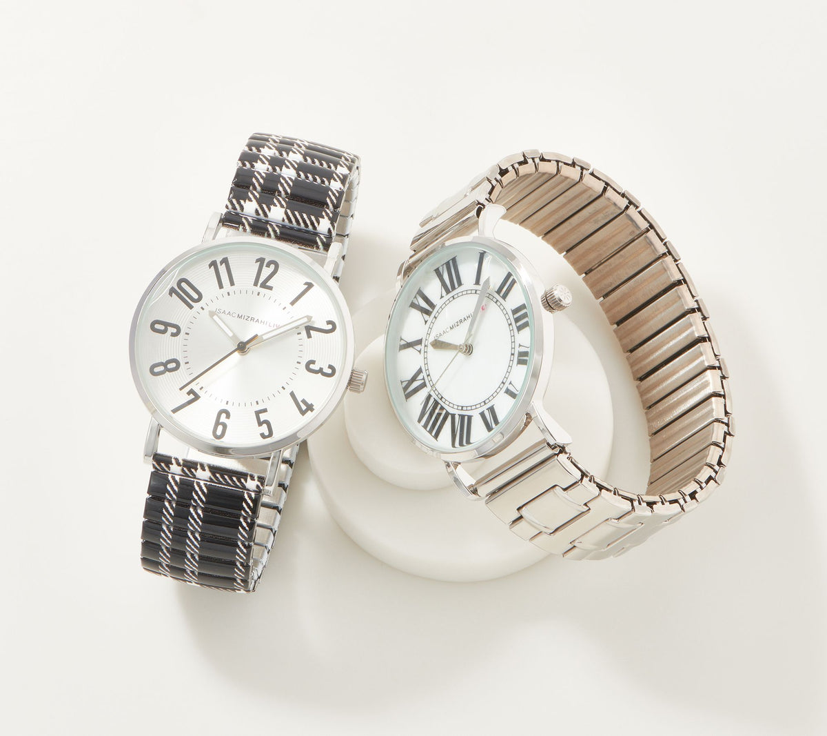 Isaac Mizrahi Live! Set of 2 Plaid Printed & Silver Tone Metal Expansion Watches Large