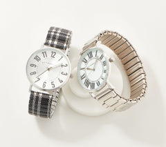 Isaac Mizrahi Live! Set of 2 Plaid Printed & Silver Tone Metal Expansion Watches Large