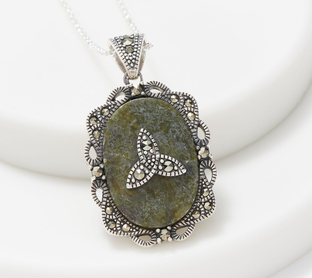 Connemara Marble Shamrock Pendant with Trynity Knot 18"