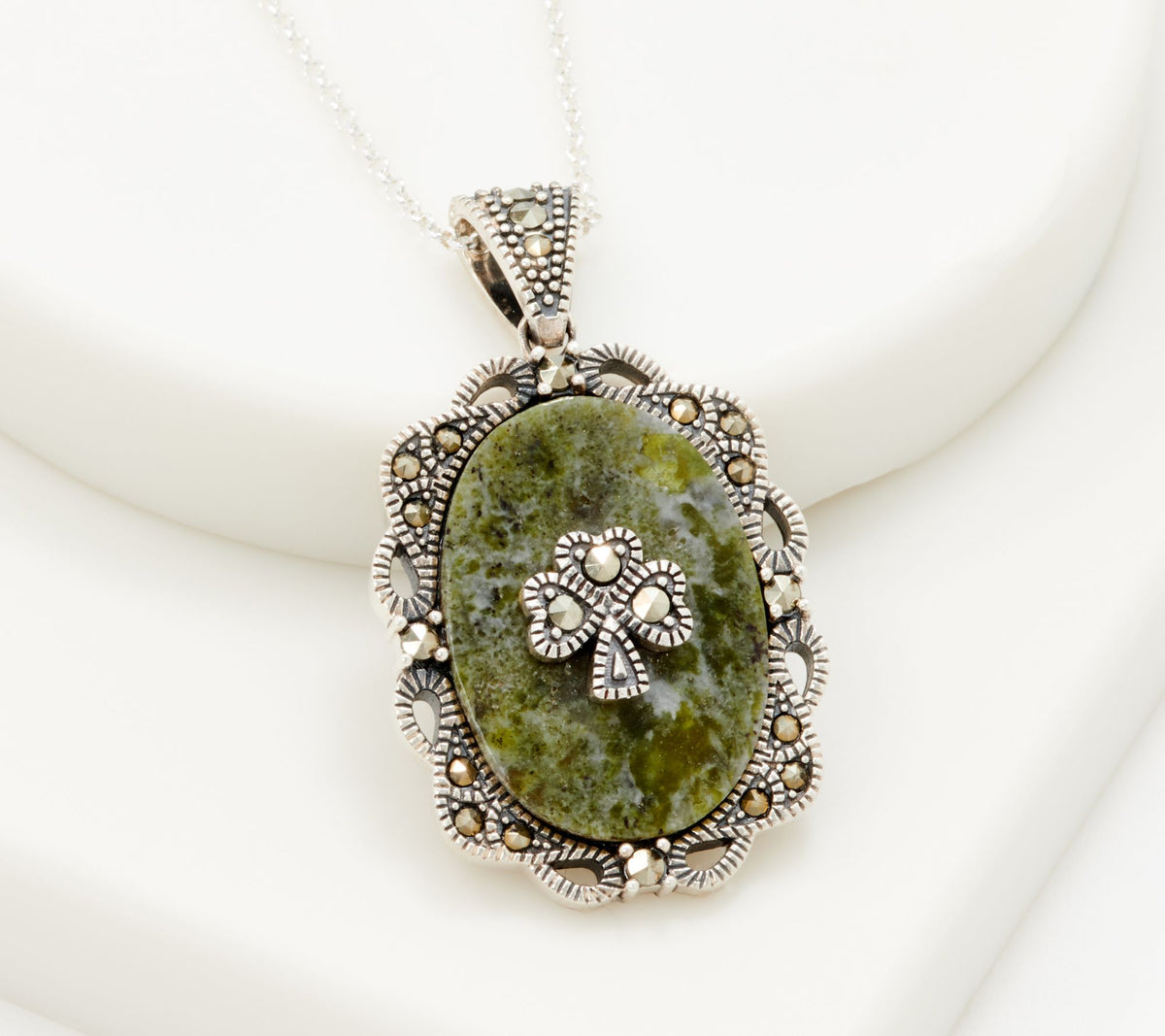 Connemara Marble Shamrock Pendant with Marcasite Accents 18"