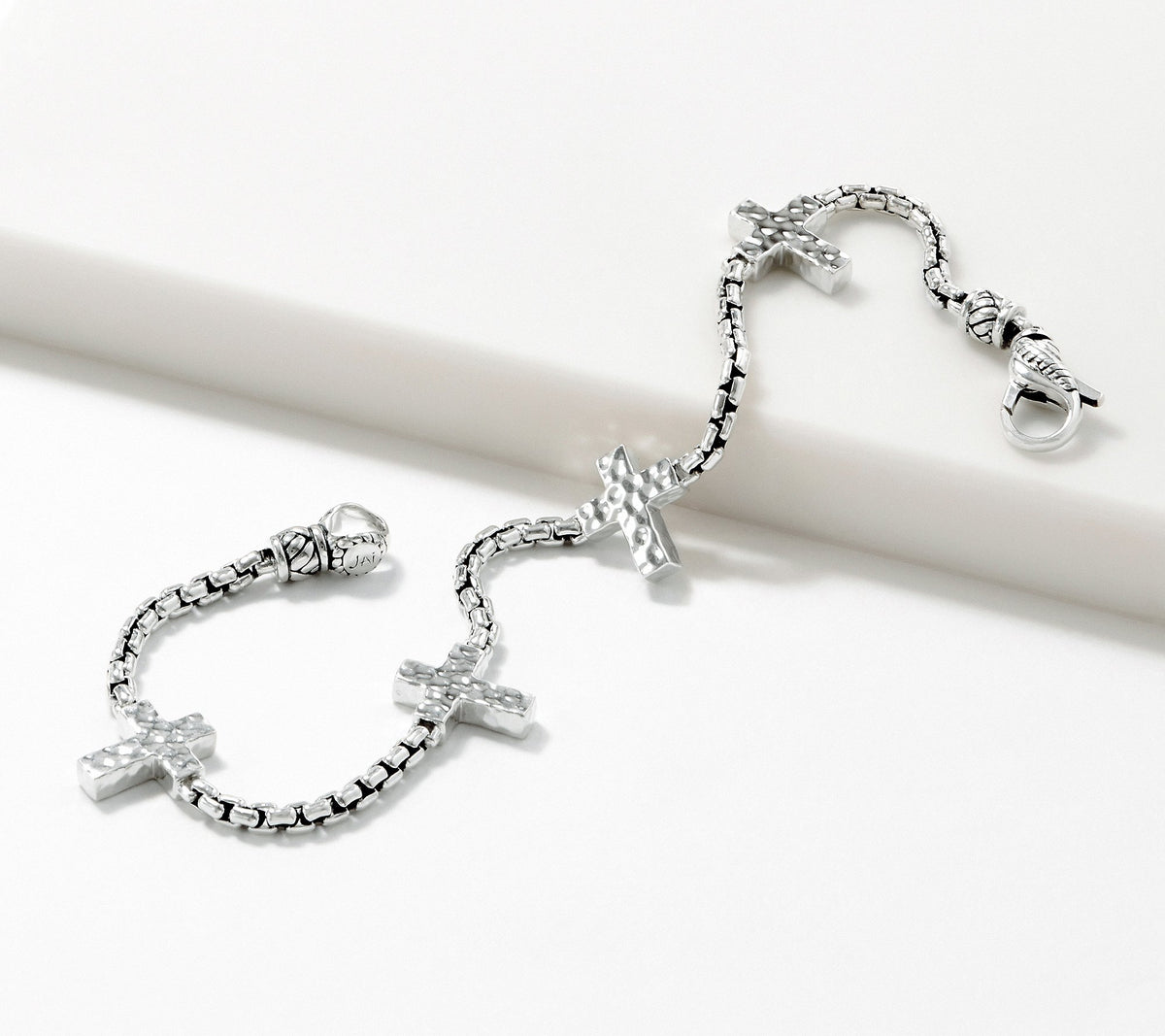 JAI Sterling Silver Cross Symbols of Love Box Chain Station Bracelet, SM
