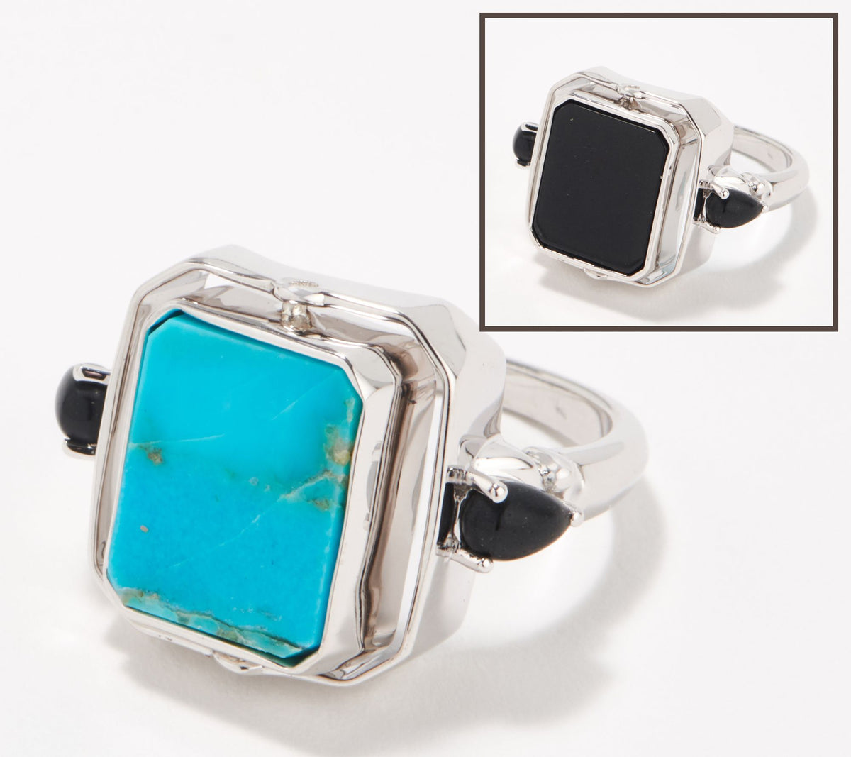 Generation Gems Sterling Silver Reversible Turquoise & Black Jade Petal Accent Ring, Size 8
