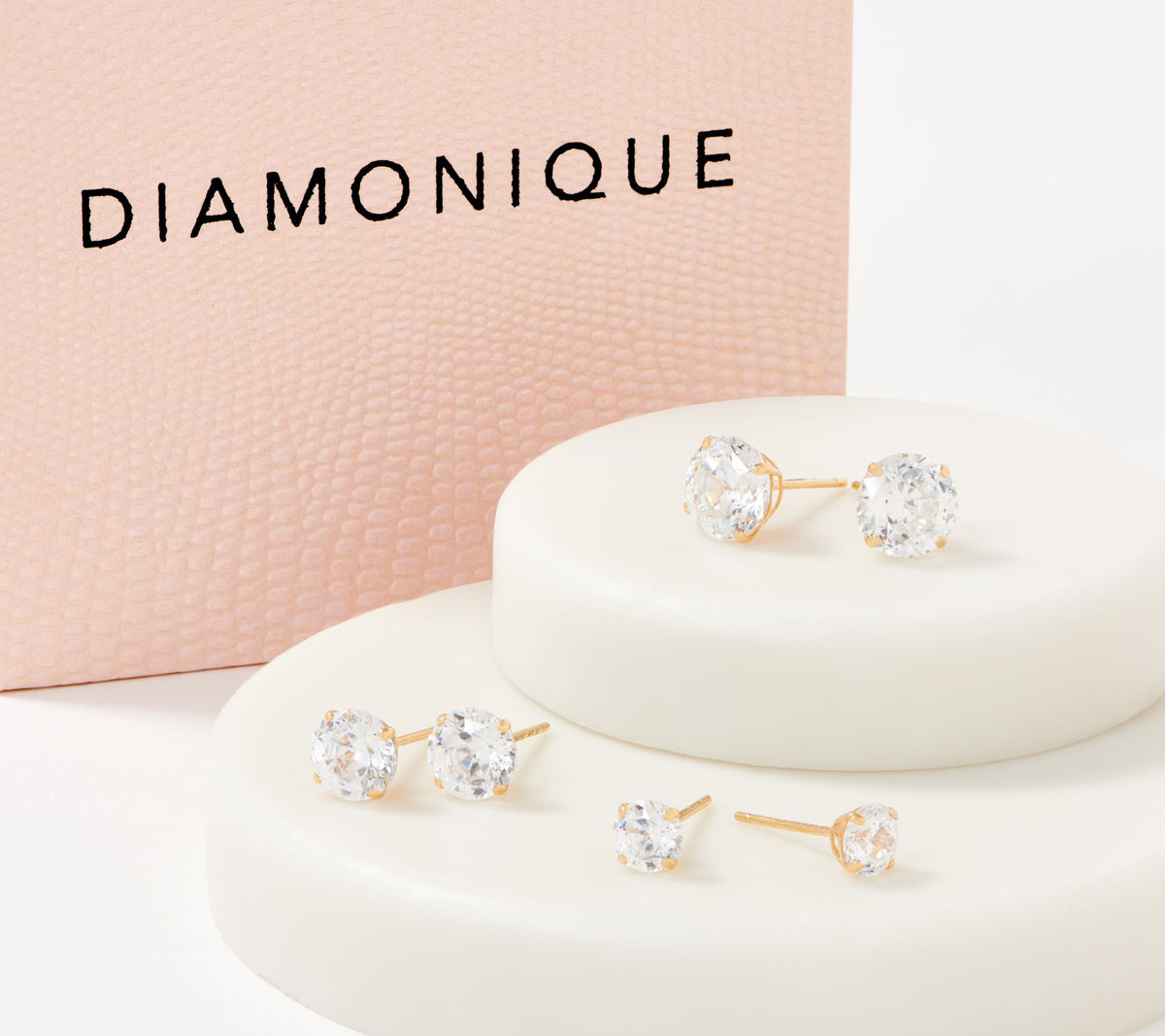 Diamonique 100 Facet Set of 3 Graduated Studs 14K Yellow Gold