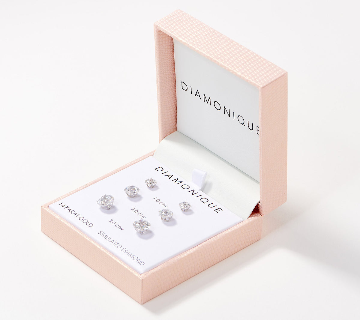 Diamonique 100 Facet Set of 3 Graduated Studs 14K White Gold