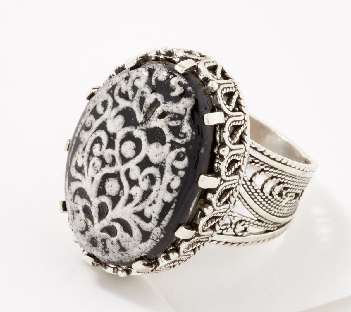 Artisan Crafted Sterling Silver Black Gemstone Painted Porcelain Ring Size 6