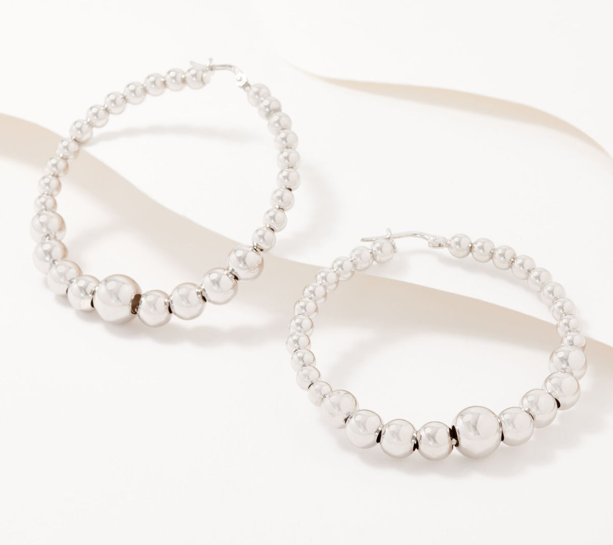 Italian Silver 2" Hoop Earrings Graduated Polished Bead Sterling Silver