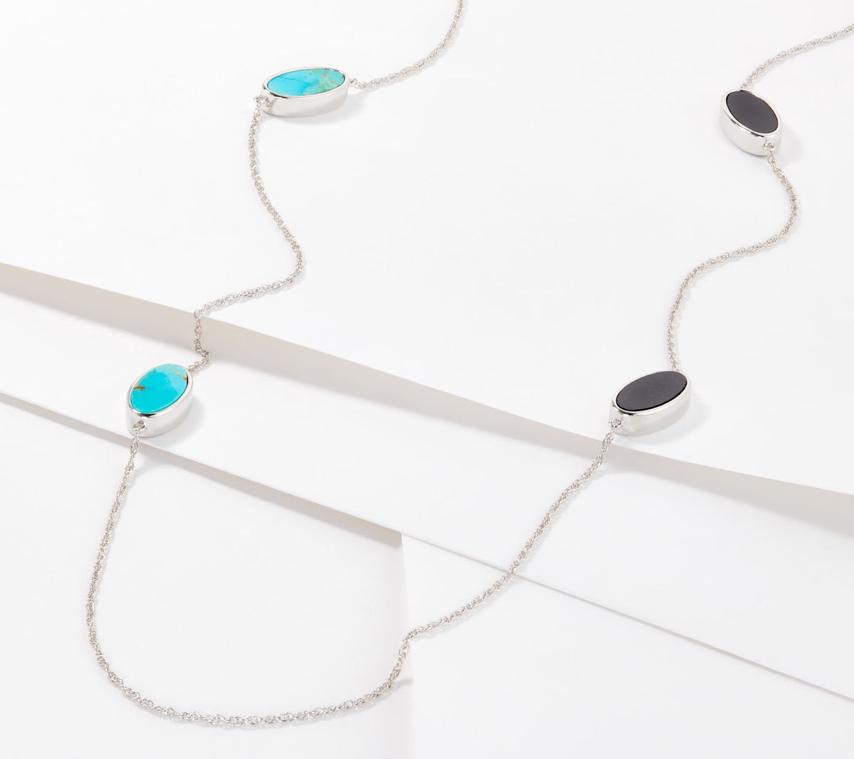 Generation Gems Sterling Silver Turquoise & Black Jade Oval Slice Reversible Necklace, 34"