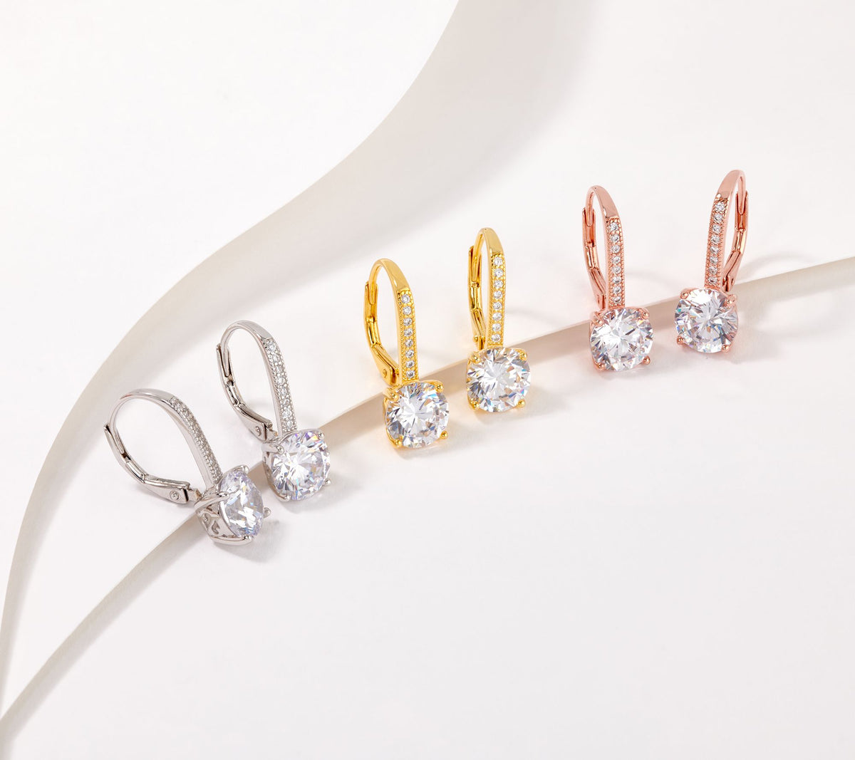 Diamonique Sterling Silver Set of 3 Tri-Color Lever Backs Earrings
