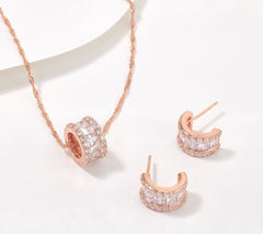 Diamonique Sterling Silver Roseclad Huggie Hoops & Barrel Necklace Set, 18"