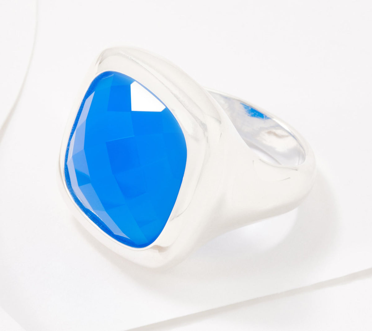 Ultra Fine Silver Bold Faceted Blue Agate Gemstone Solitaire Ring – Size 7