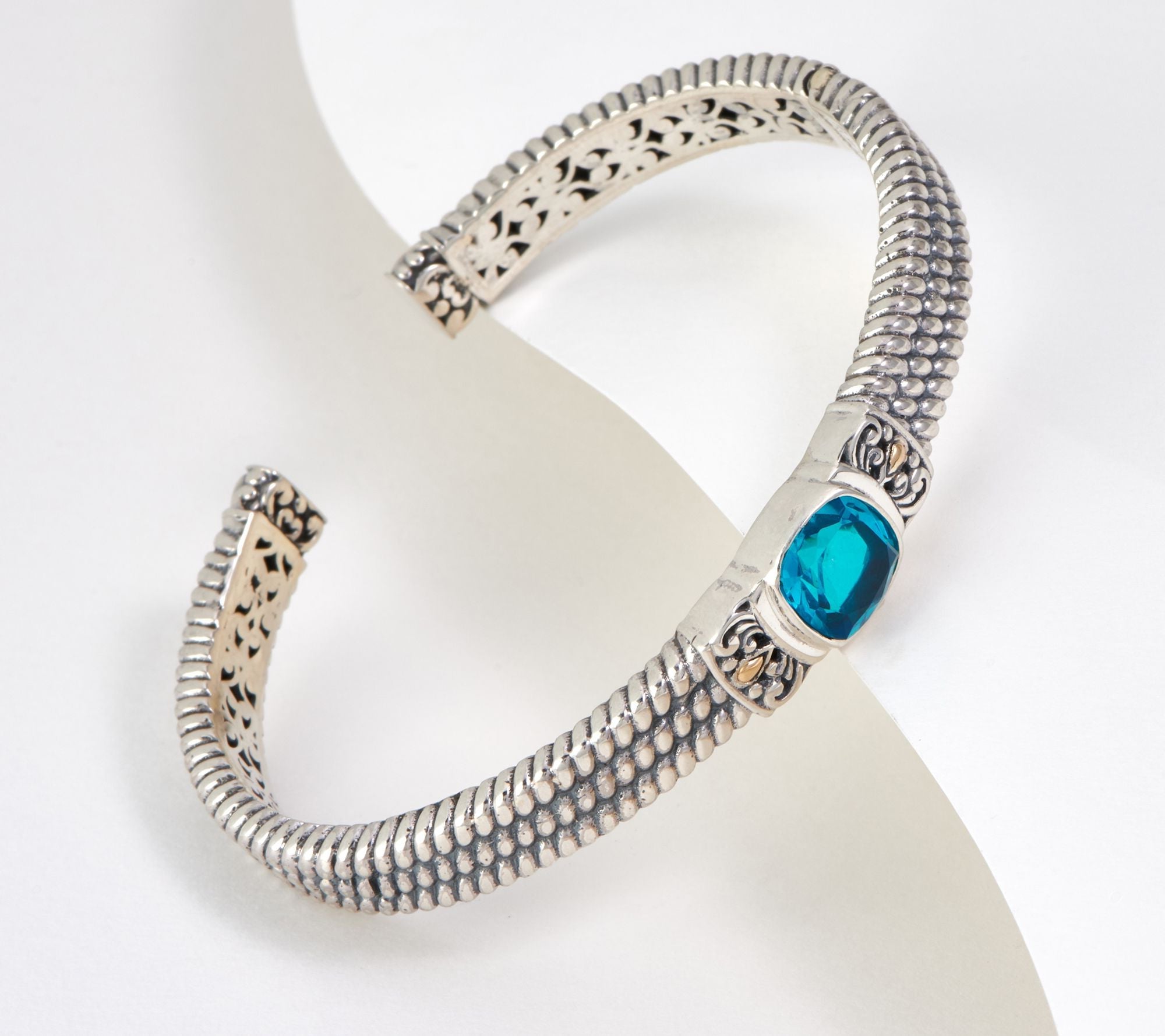 Artisan Crafted Silver Triple Row Cable Paraiba Quartz Bracelet, 6-3/4"