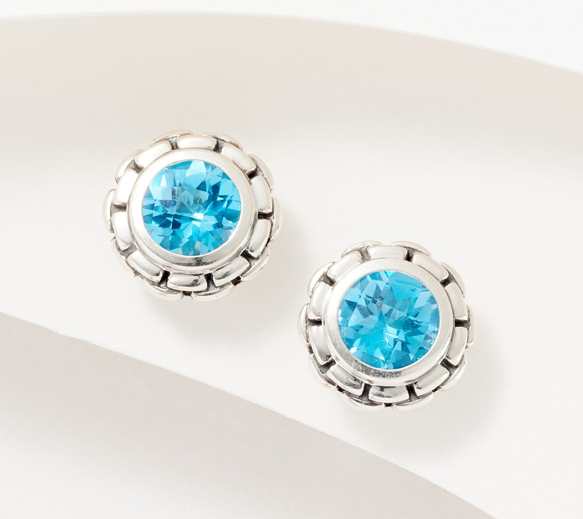 JAI Sterling Silver Box Chain Blue Topaz Stud Earrings