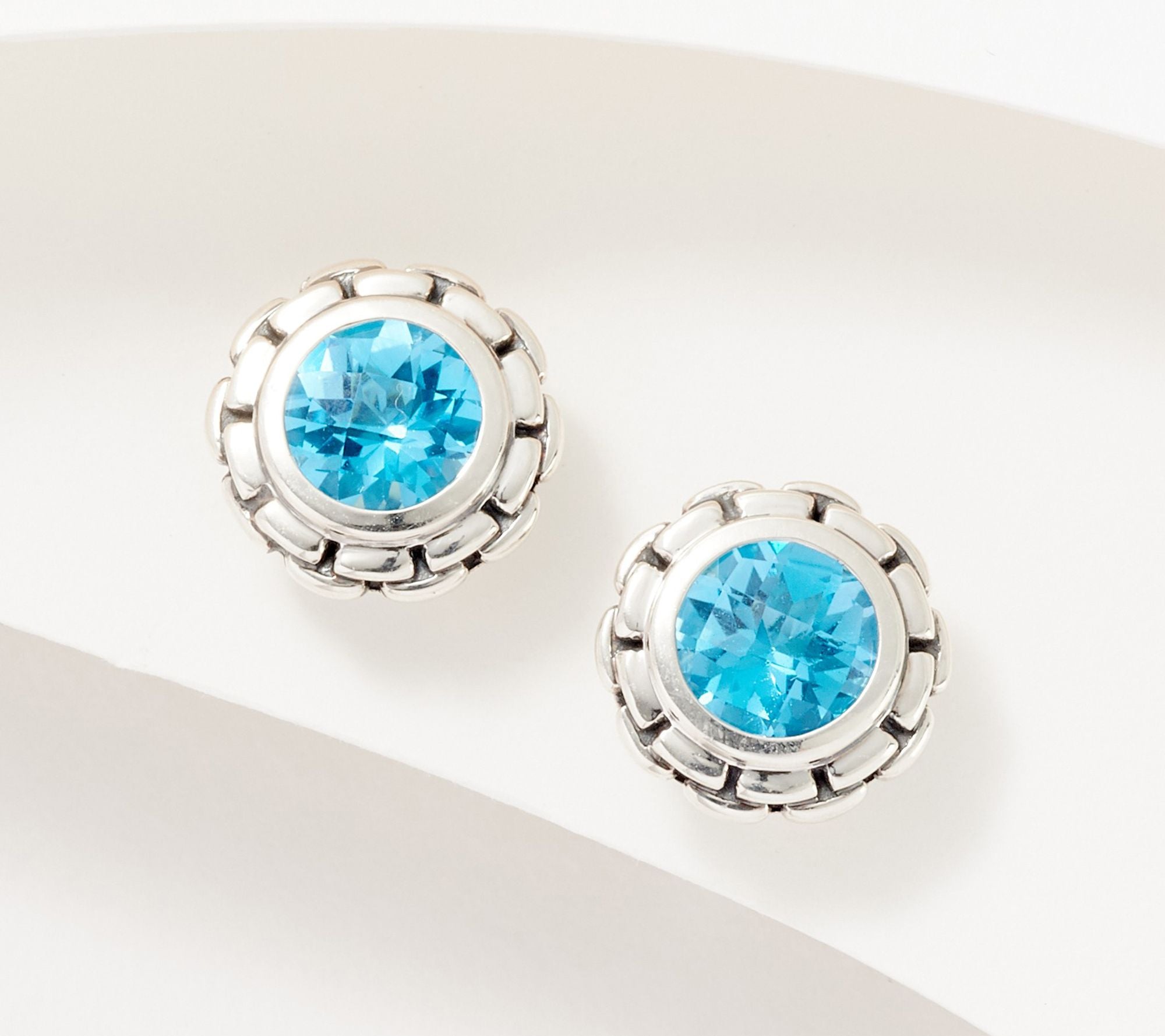 JAI Sterling Silver Box Chain Blue Topaz Stud Earrings