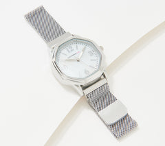 Reloj Isaac Mizrahi Live! con caja octogonal y correa de malla magnética, plateado