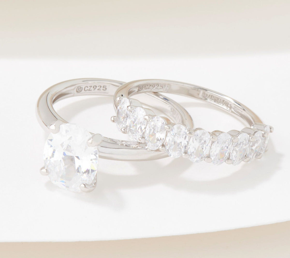 Diamonique Sterling Silver 100-Facet Solitaire Oval Ring & Bold Band, Size 7