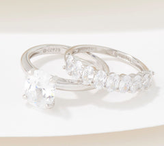 Diamonique Sterling Silver 100-Facet Solitaire Oval Ring & Bold Band, Size 7
