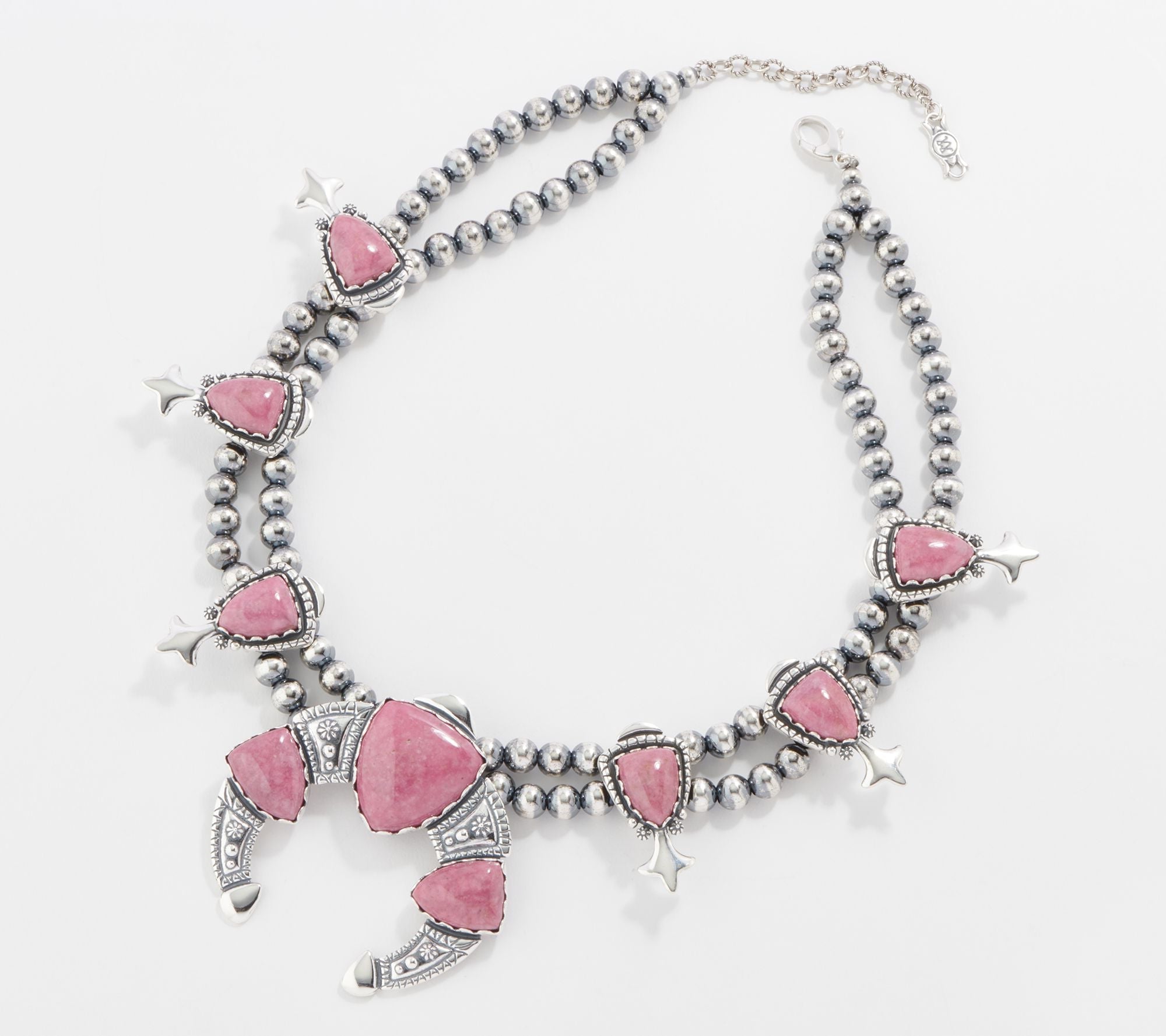 American West Sterling Silver Rhodonite Gem Squash Blossom Necklace