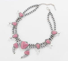 American West Sterling Silver Rhodonite Gem Squash Blossom Necklace