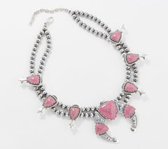 American West Sterling Silver Rhodonite Gem Squash Blossom Necklace