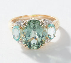Anillo de apatita verde con diamantes de tres piedras, oro de 14 quilates, talla 5