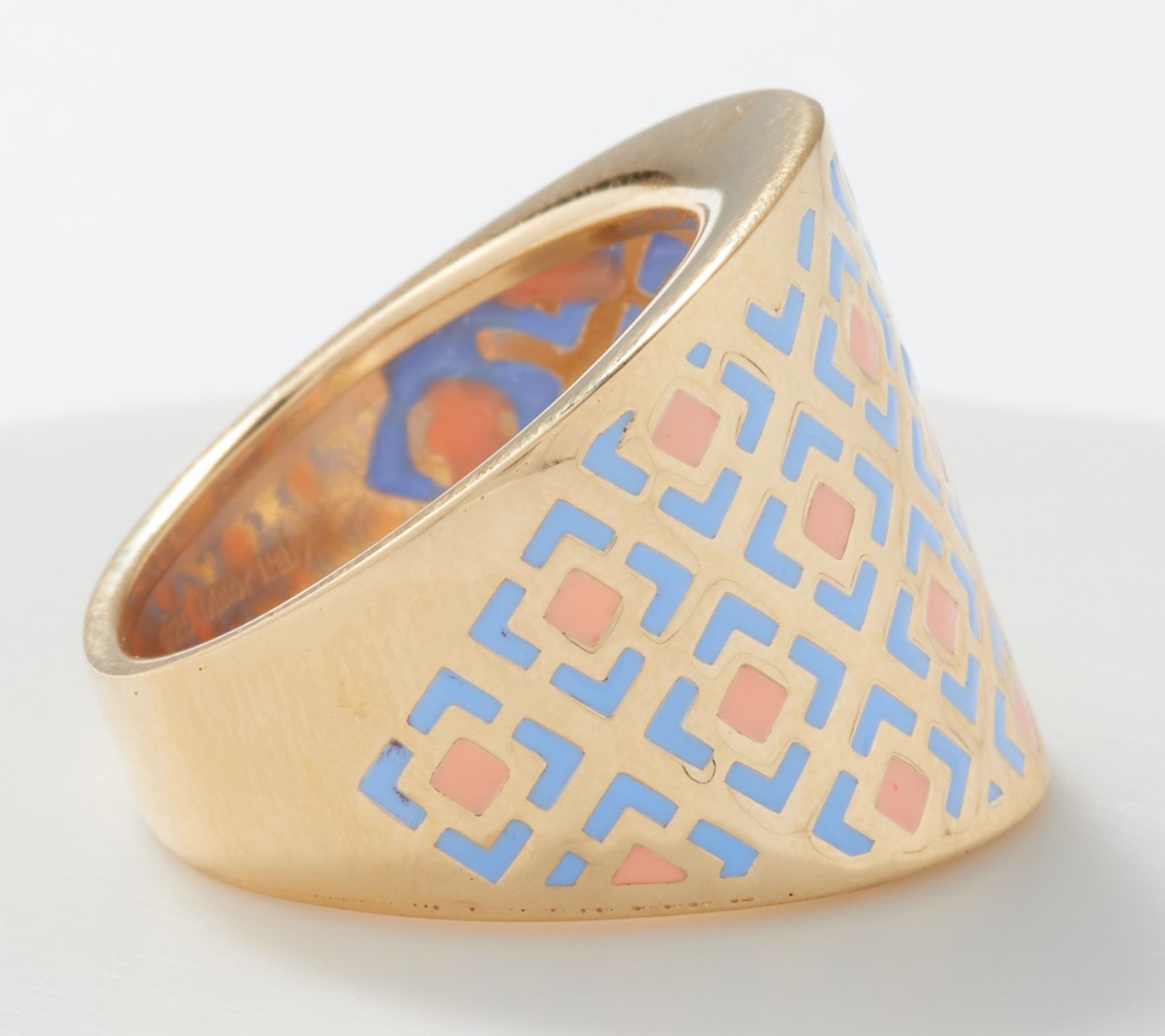 Italian Silver Sterling Goldclad Graduated Teal/Peach Enamel Band Ring, Size 6