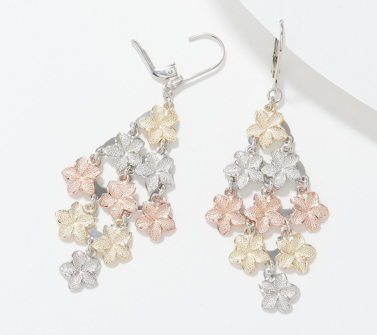 Sterling Silver By Silver Style  Tri-Tone Floral Dangle Earrings.