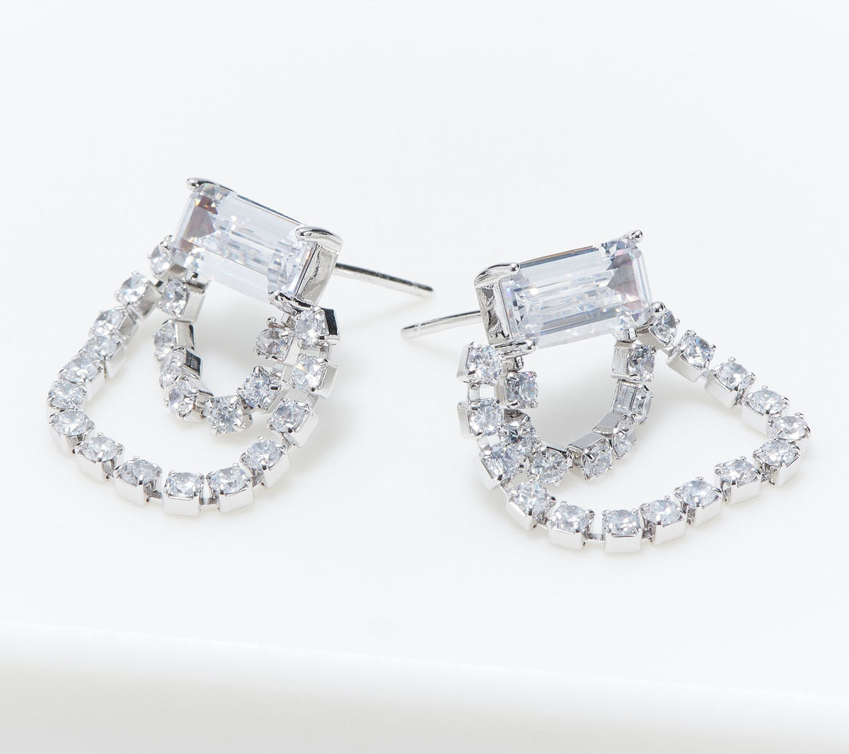 Diamonique x Lisa Freede Double Starlet Earrings, Rhodium-plated brass