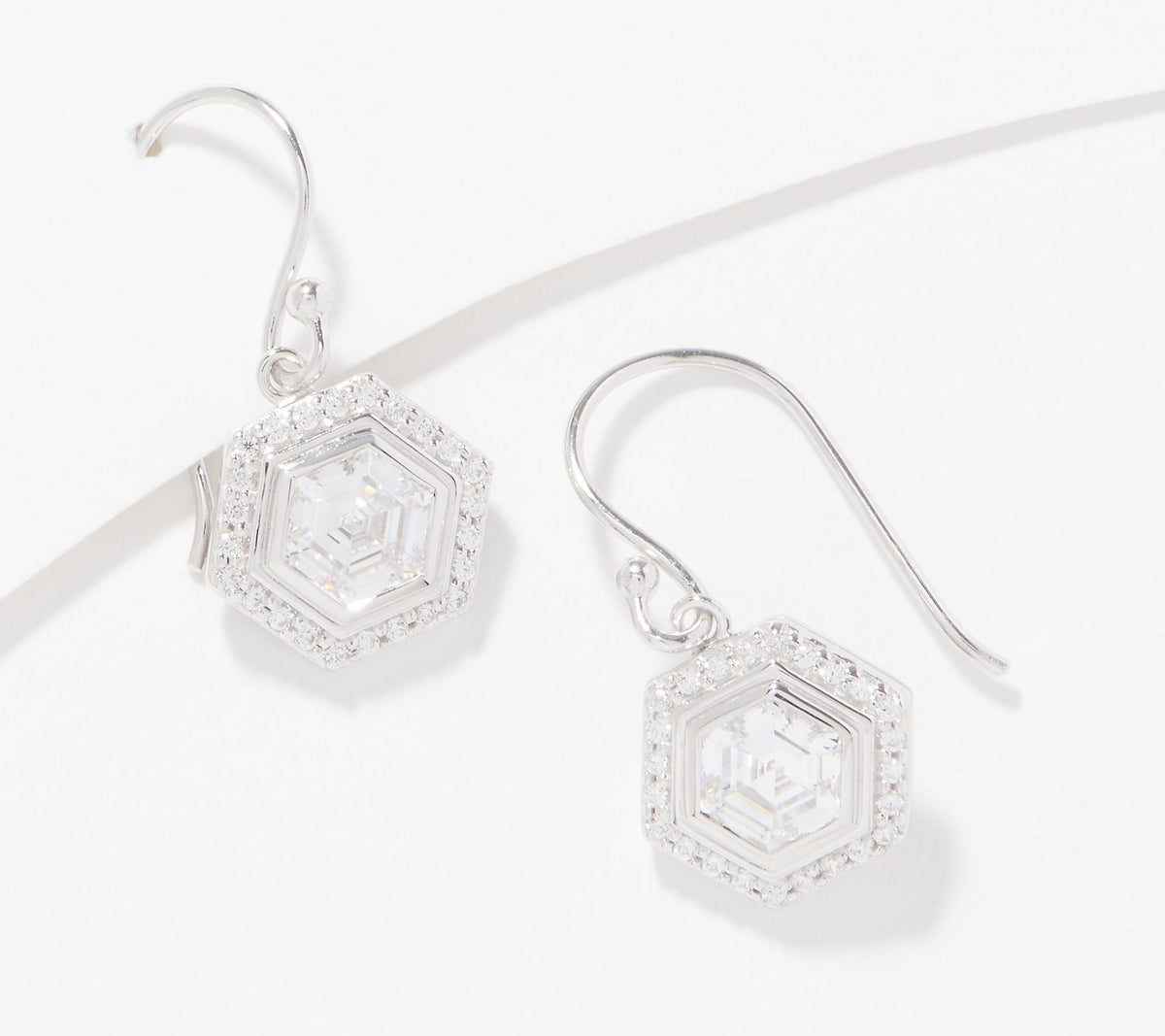 Diamonique Hexagon Cut Halo French Wire Earrings, Rhodium-plated sterling silver
