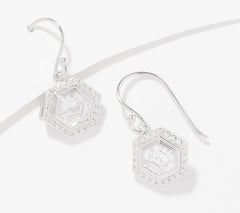 Diamonique Hexagon Cut Halo French Wire Earrings, Rhodium-plated sterling silver